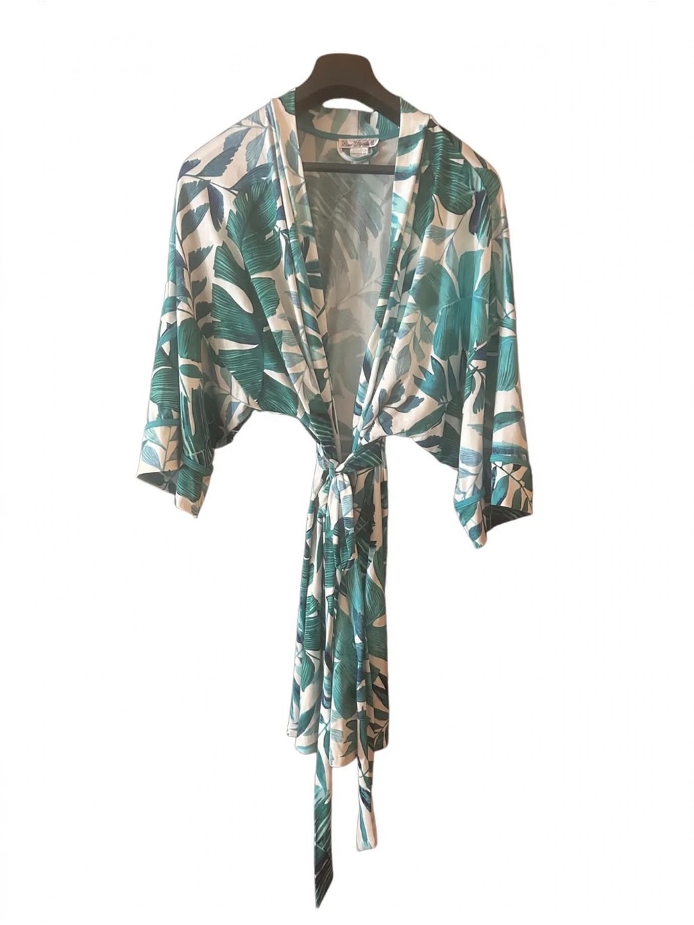 Linea Donatella XL Teal Palm Leaf Kimono Wrap Robe with Belt